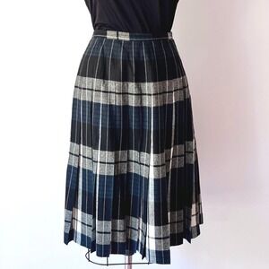 Reversible Pleated Midi Skirt Green Blue Plaid Wool Blend Vintage 60s